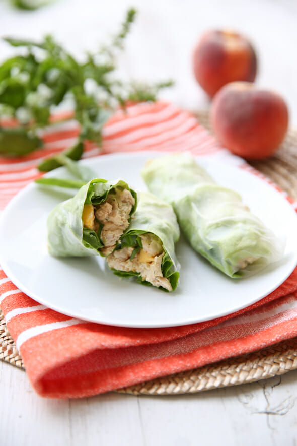 Peach Basil Chicken Salad Spring Rolls from ourbestbites.com!