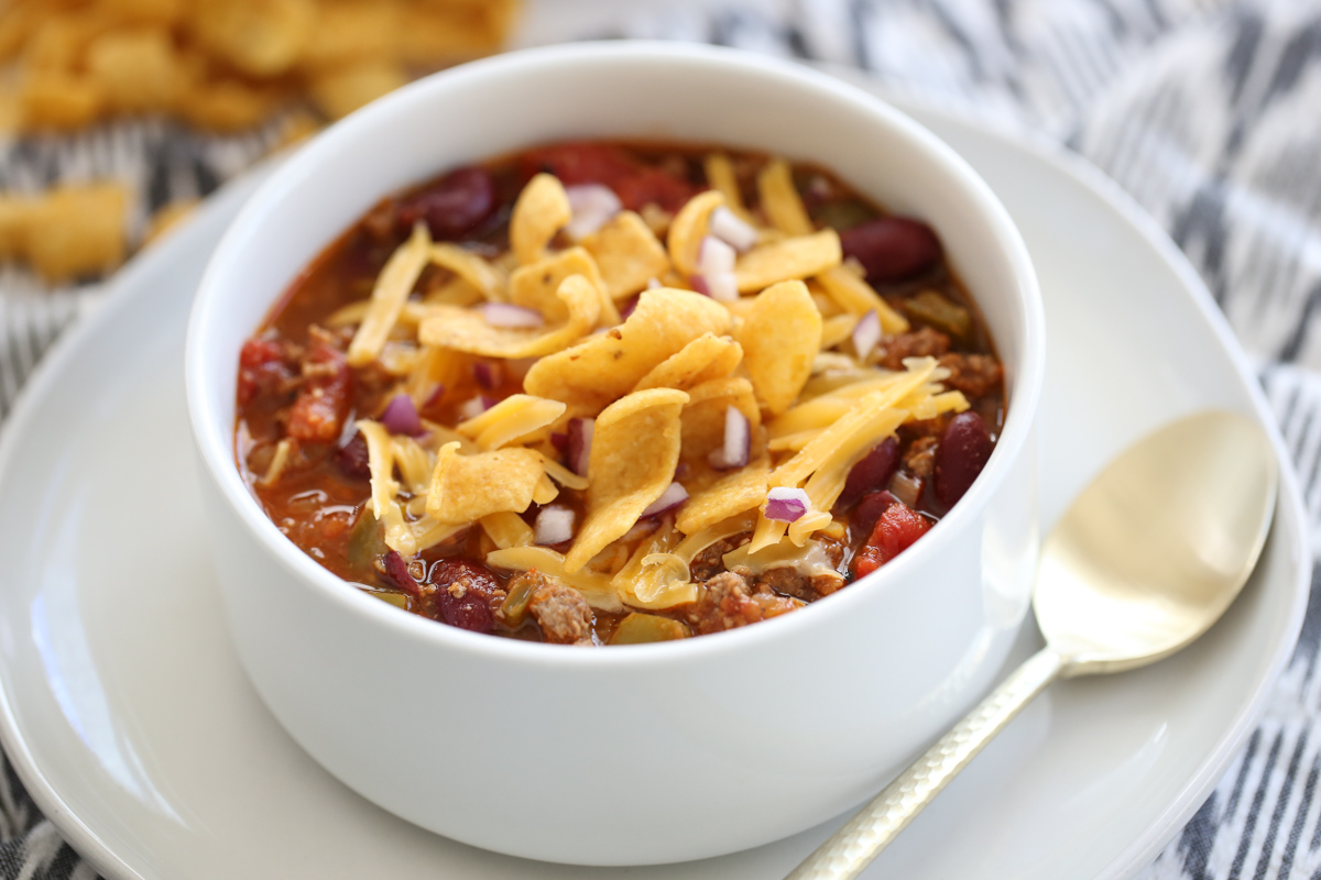 Delicious weeknight chili in a white bowl