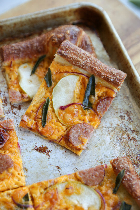 Sausage, Cheddar, and Apple Pizza from Our Best Bites