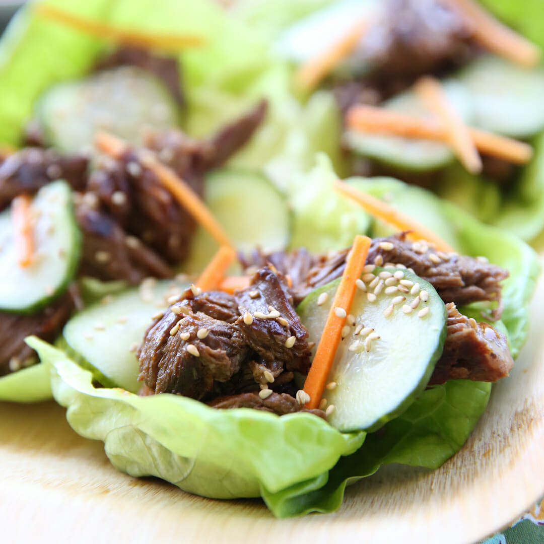 Asian Beef Lettuce Wraps with Tangy Cucumbers