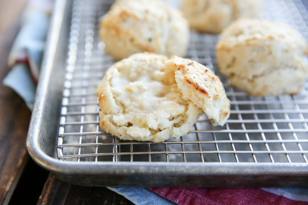 close up of biscuits cooling on a rack