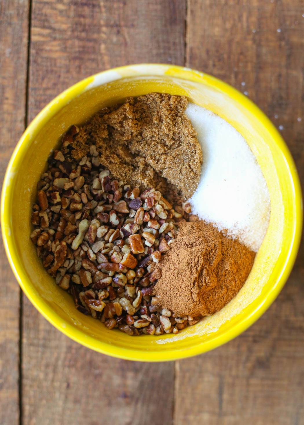 cinnamon, brown sugar, white sugar, and pecans for sour cream coffee cake from Our Best Bites