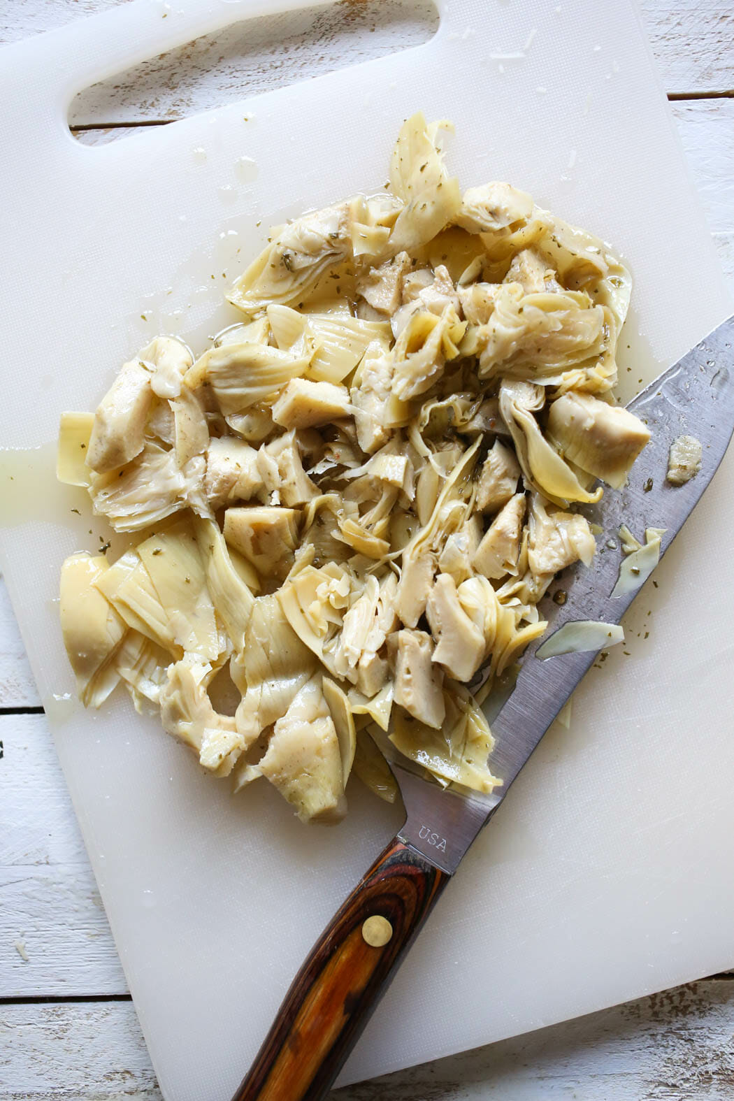 Chopped artichokes for garlic artichoke dip from Our Best Bites