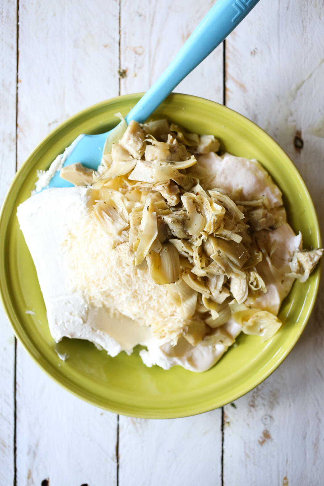 Cream cheese, mayonnaise, artichoke hearts, and garlic for Garlic Artichoke Dip from Our Best Bites