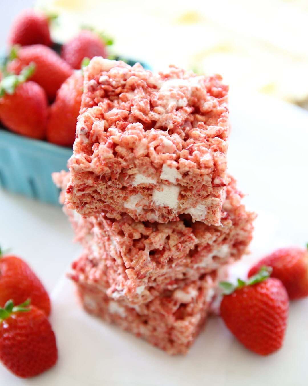 Strawberry Rice Krispie Treats stacked up