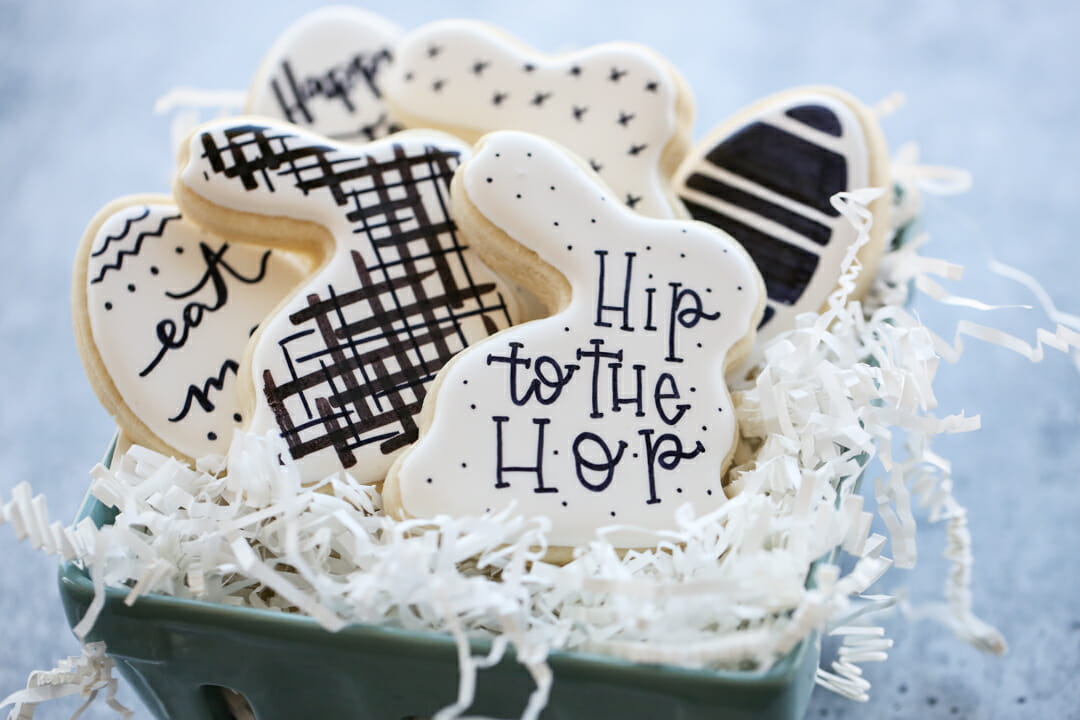 Black and White Easter Cookies in basket