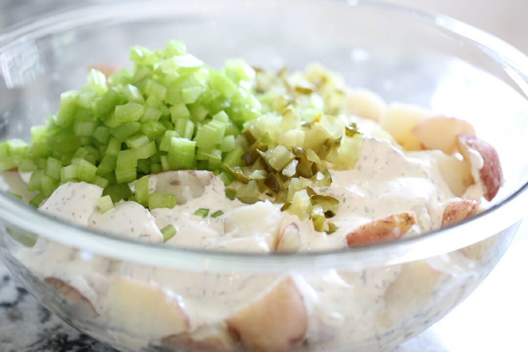 pickles and celery in potato salad