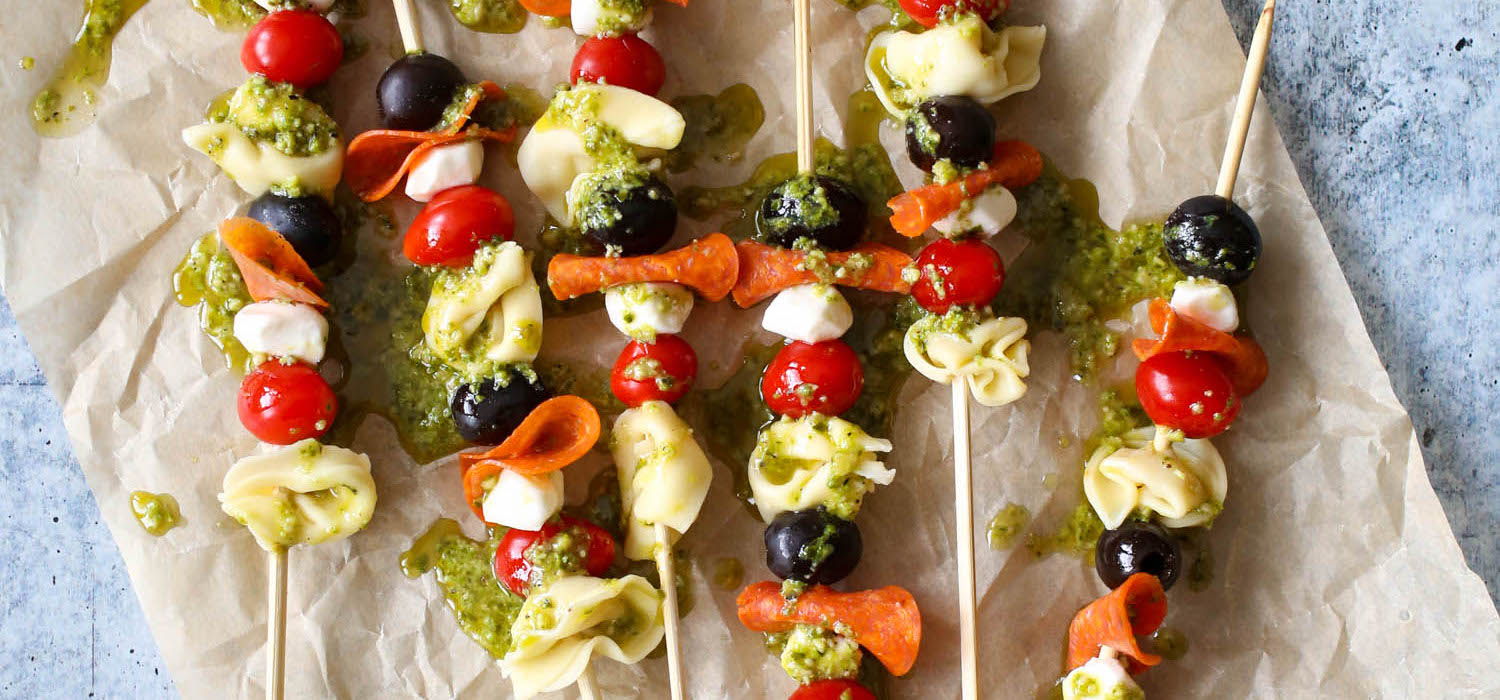 Italian Tortellini Skewers with Pesto Drizzle