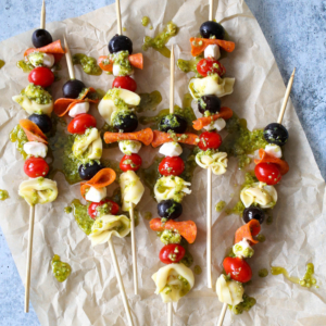 Italian Tortellini Skewers with Pesto Drizzle from Our Best Bites