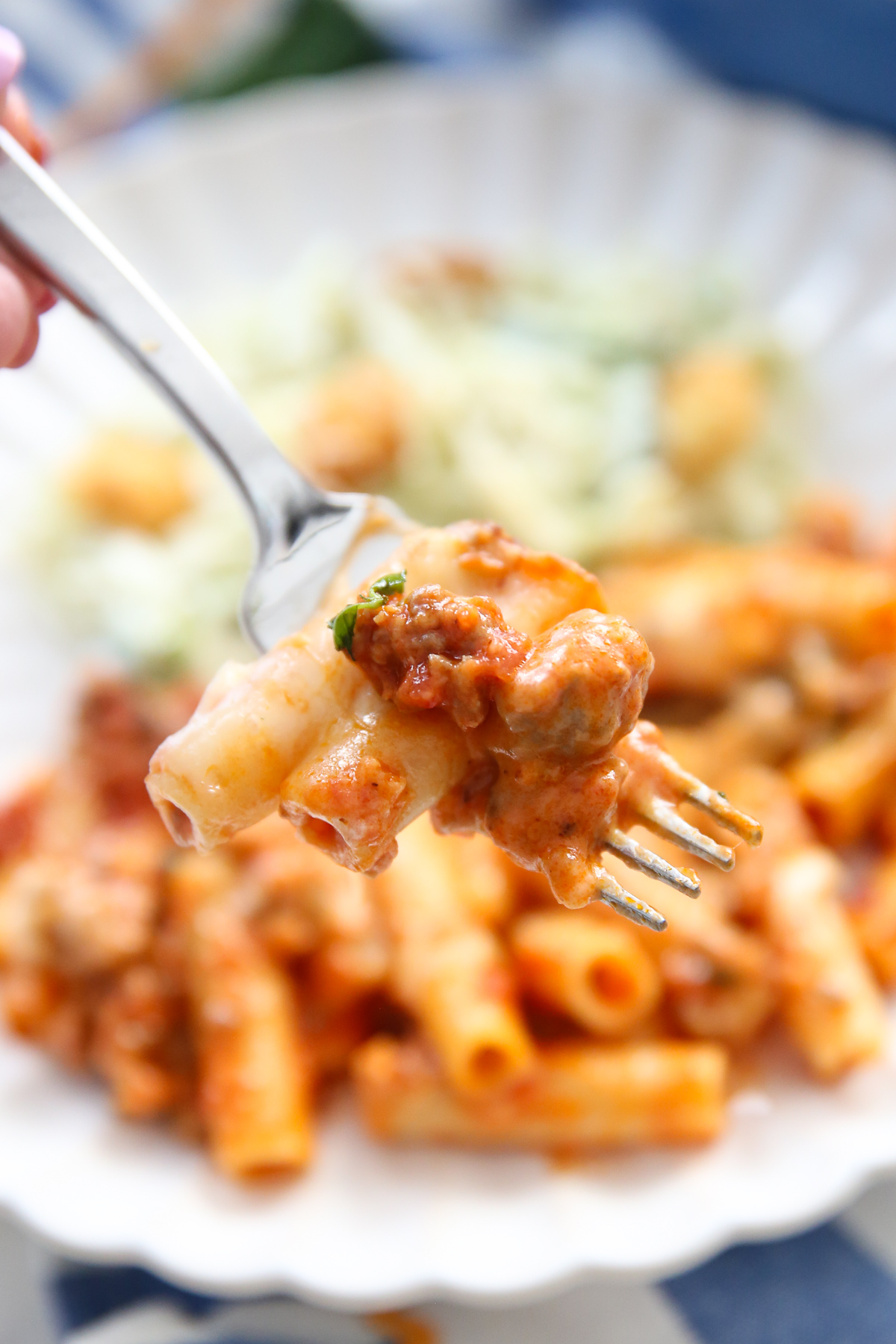 Skillet Baked Ziti from Our Best Bites on a fork
