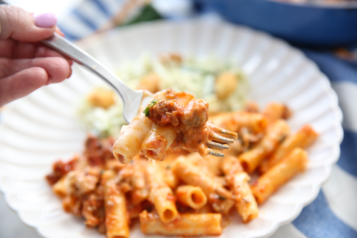 Close up of Skillet Baked Ziti from Our Best Bites