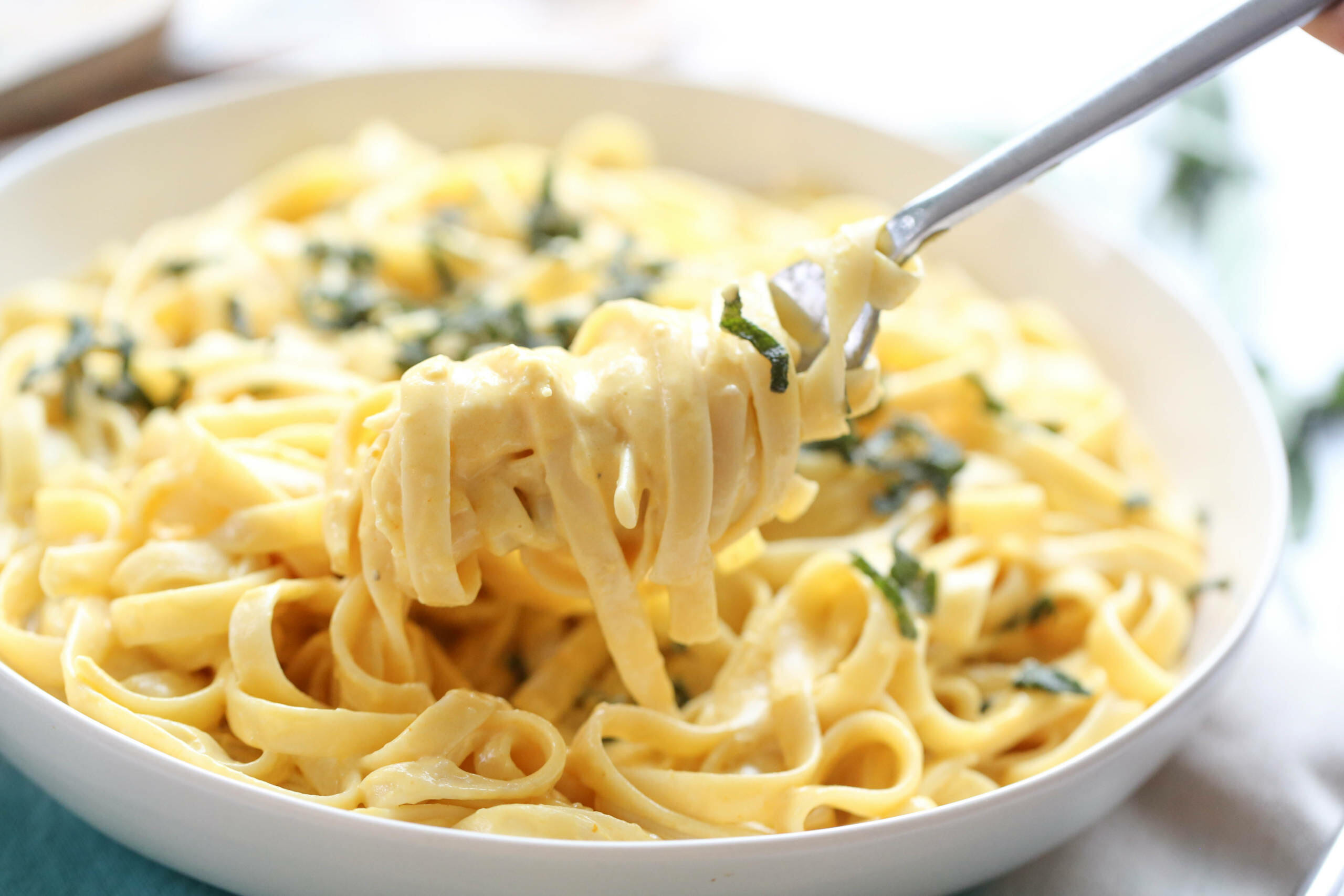 pumpkin alfredo pasta in bowl