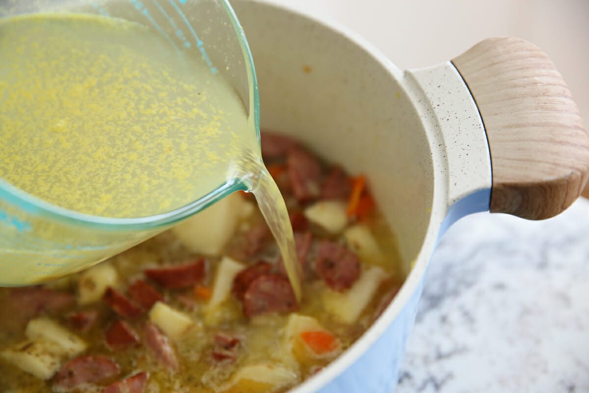 Chicken Broth poured in soup