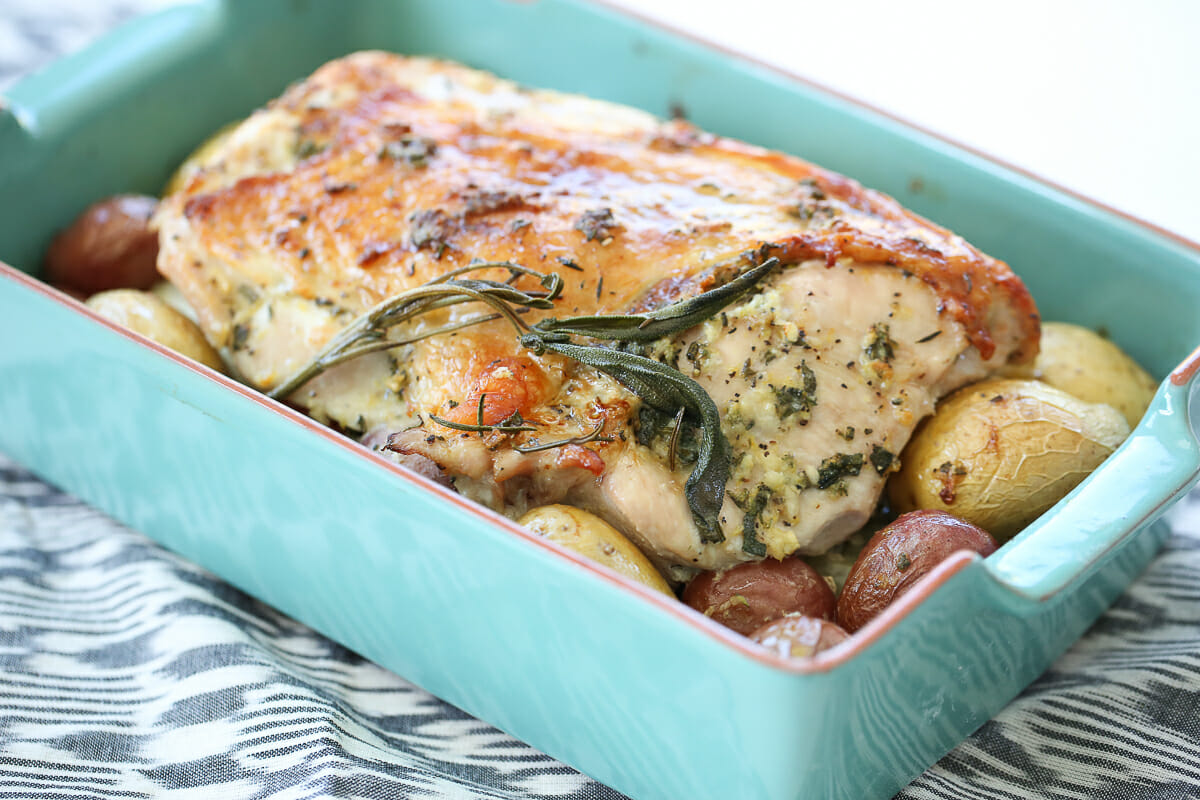 turkey breast cooked in teal pan