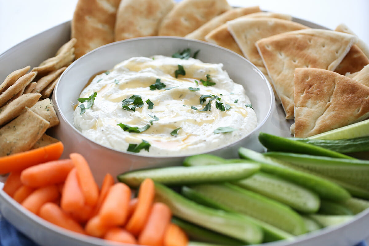 whipped feta dip in a bowl