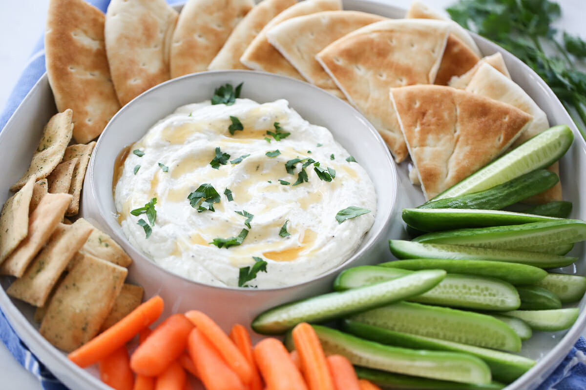 whipped feta dip in a bowl