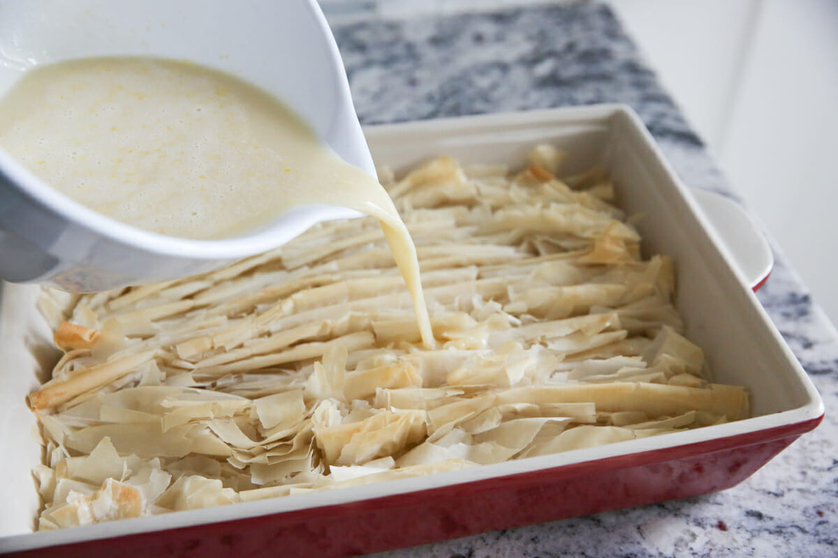 phyllo dough stacked in pan