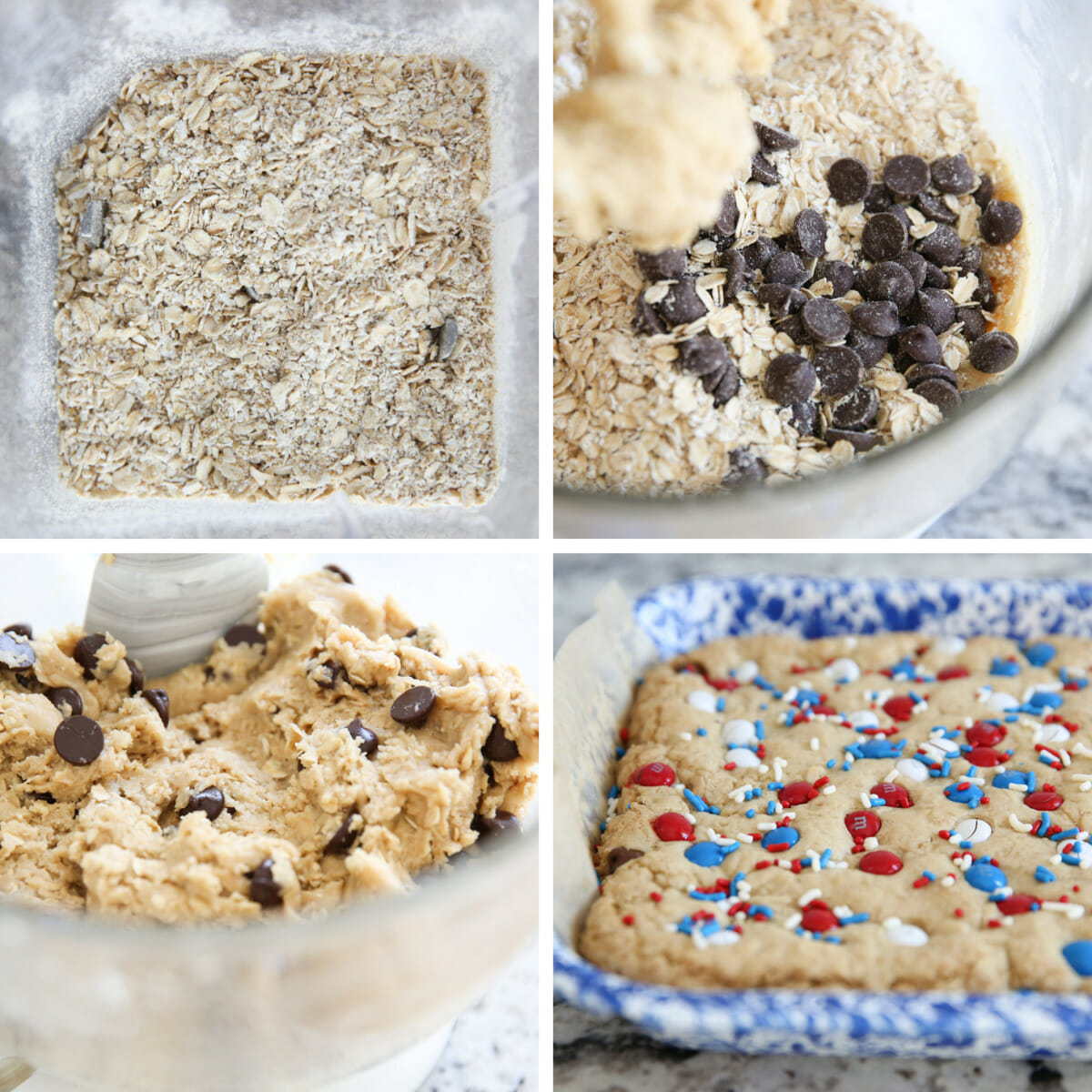 Collage of making chocolate chip cookie bars