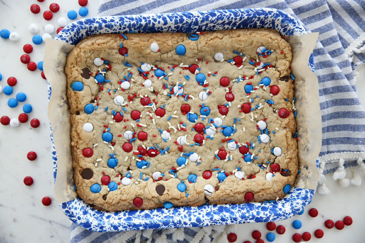 Chocolate Chip Oatmeal Cookie Bars in a blue baking pan