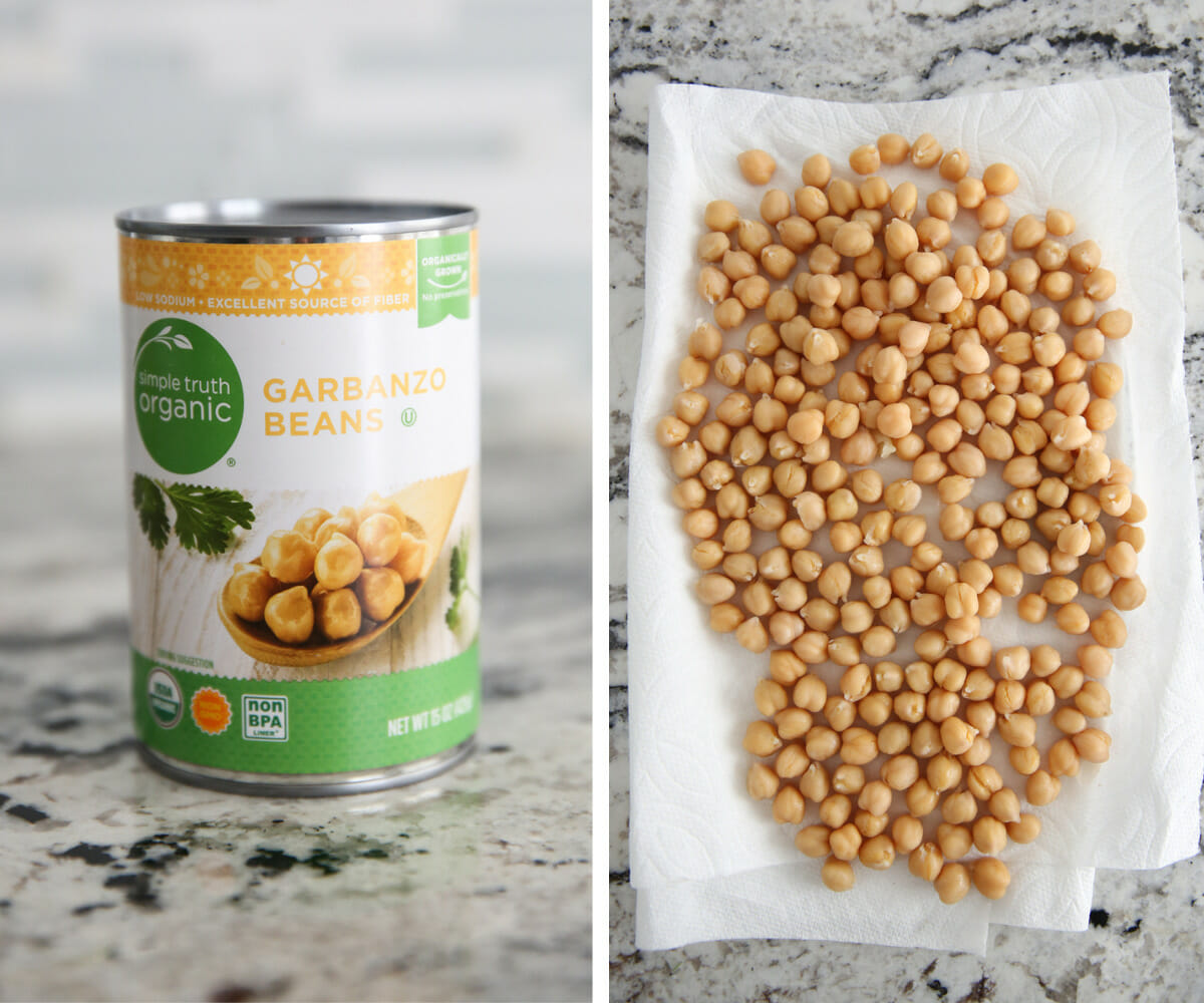 A can of chickpeas and chickpeas draining on a paper towel.