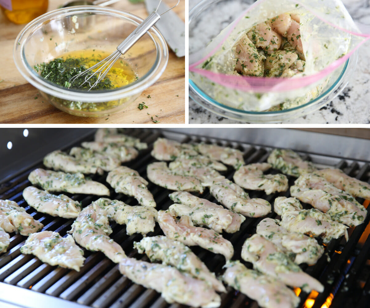 Lemon garlic herb rubbed chicken ocess collage: marinade in a bowl, chicken in a bag, and chicken on the grill.