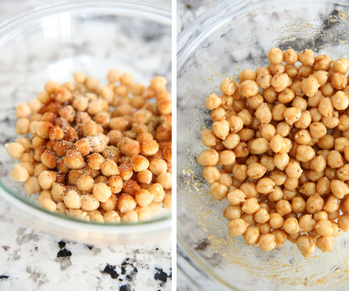 Drained and seasoned chick peas in a glass bowl