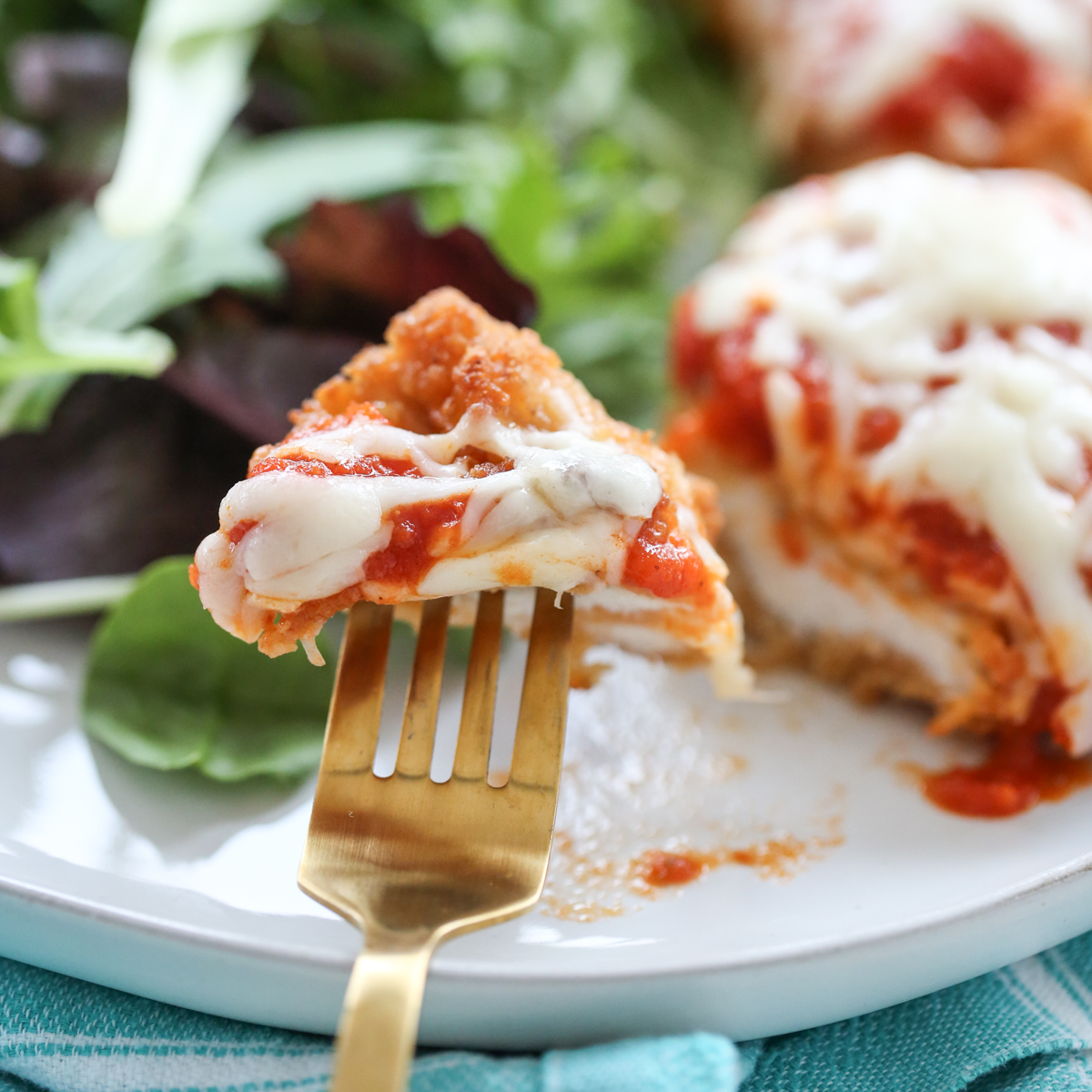 easy chicken parm bite on a fork