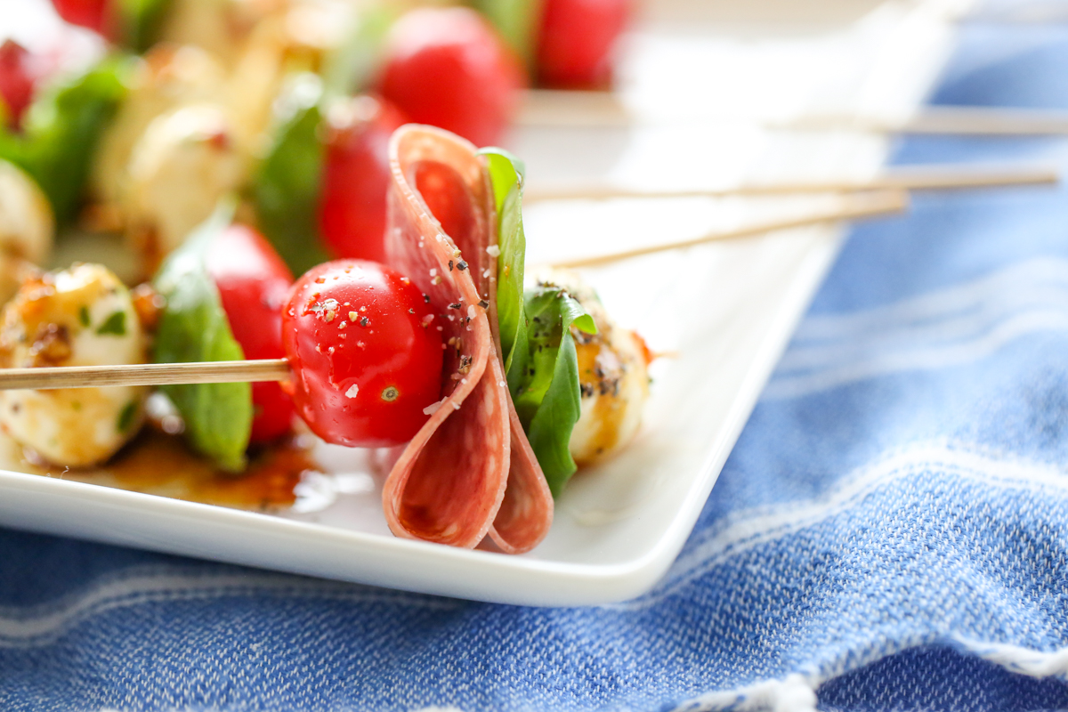 salami caprese bite on platter