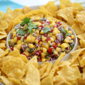 Mango pico de gallo surrounded by tortilla chips