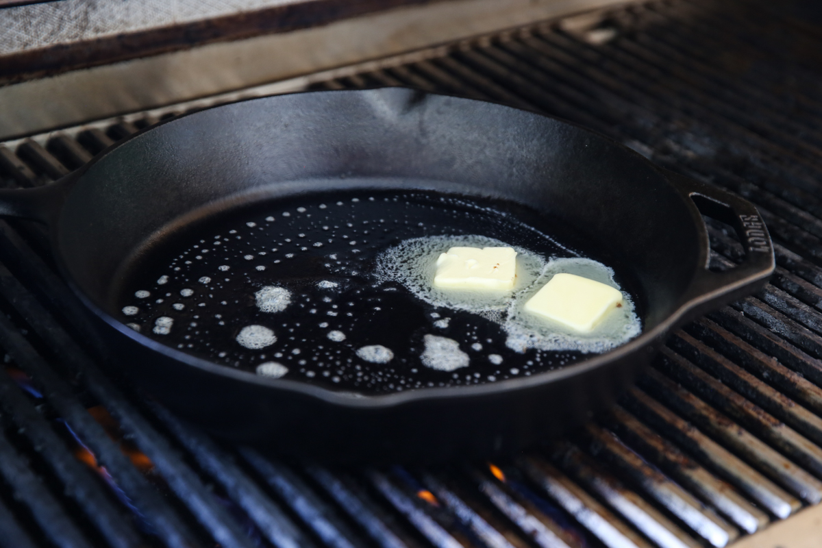 melted butter in cast iron skillet