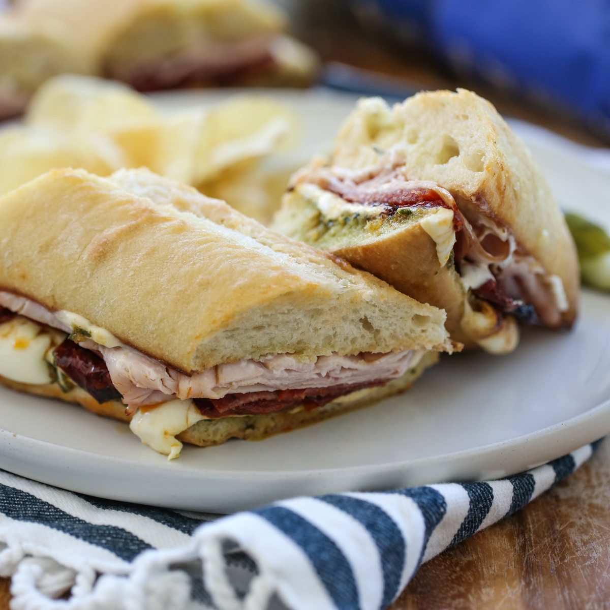 Hot italian sub sandwich on a plate