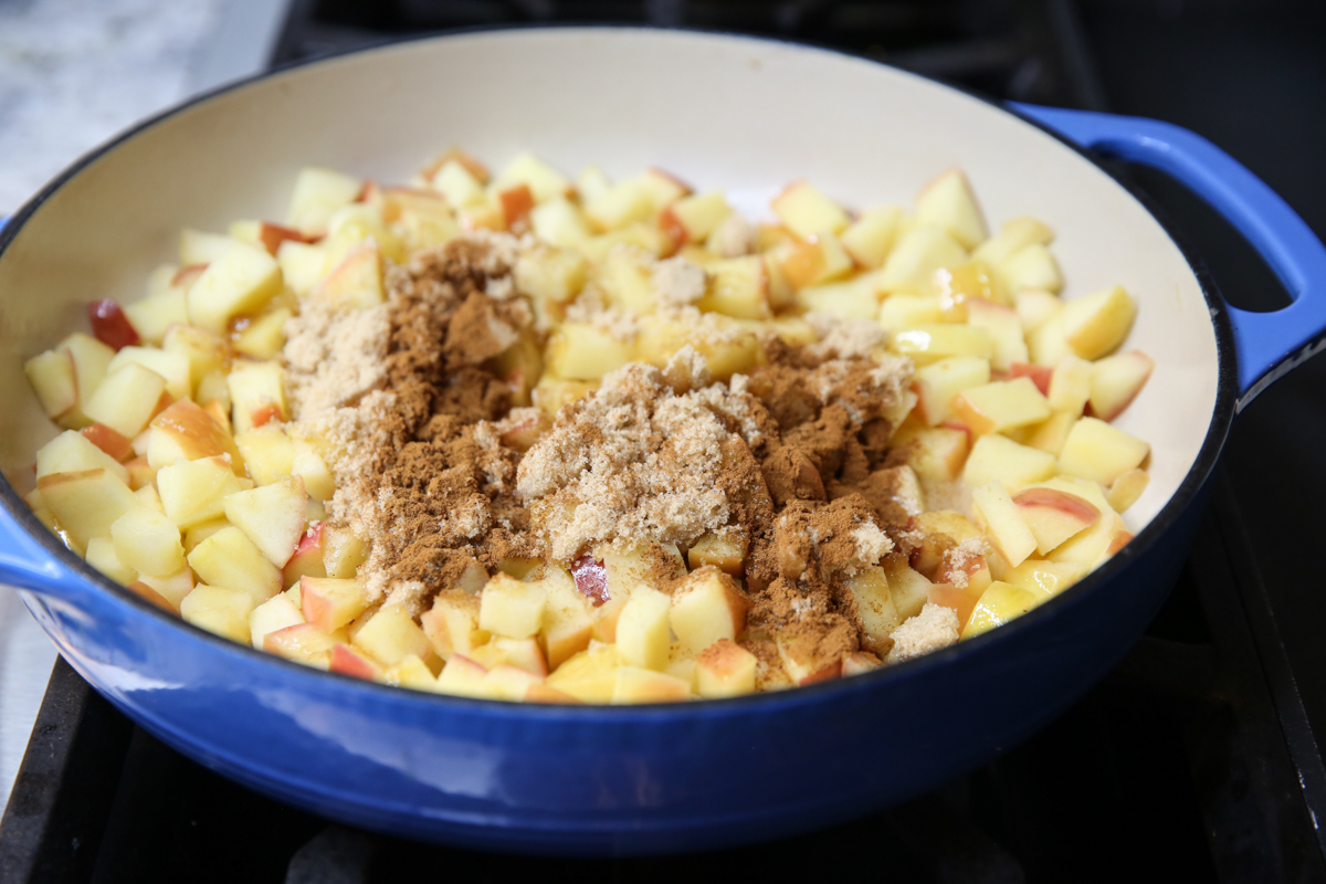 Skillet Cinnamon Sugar Apples in pan with brown sugar