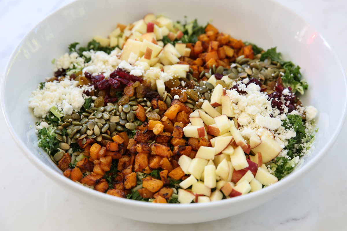 kale chop salad ingredients in a bowl