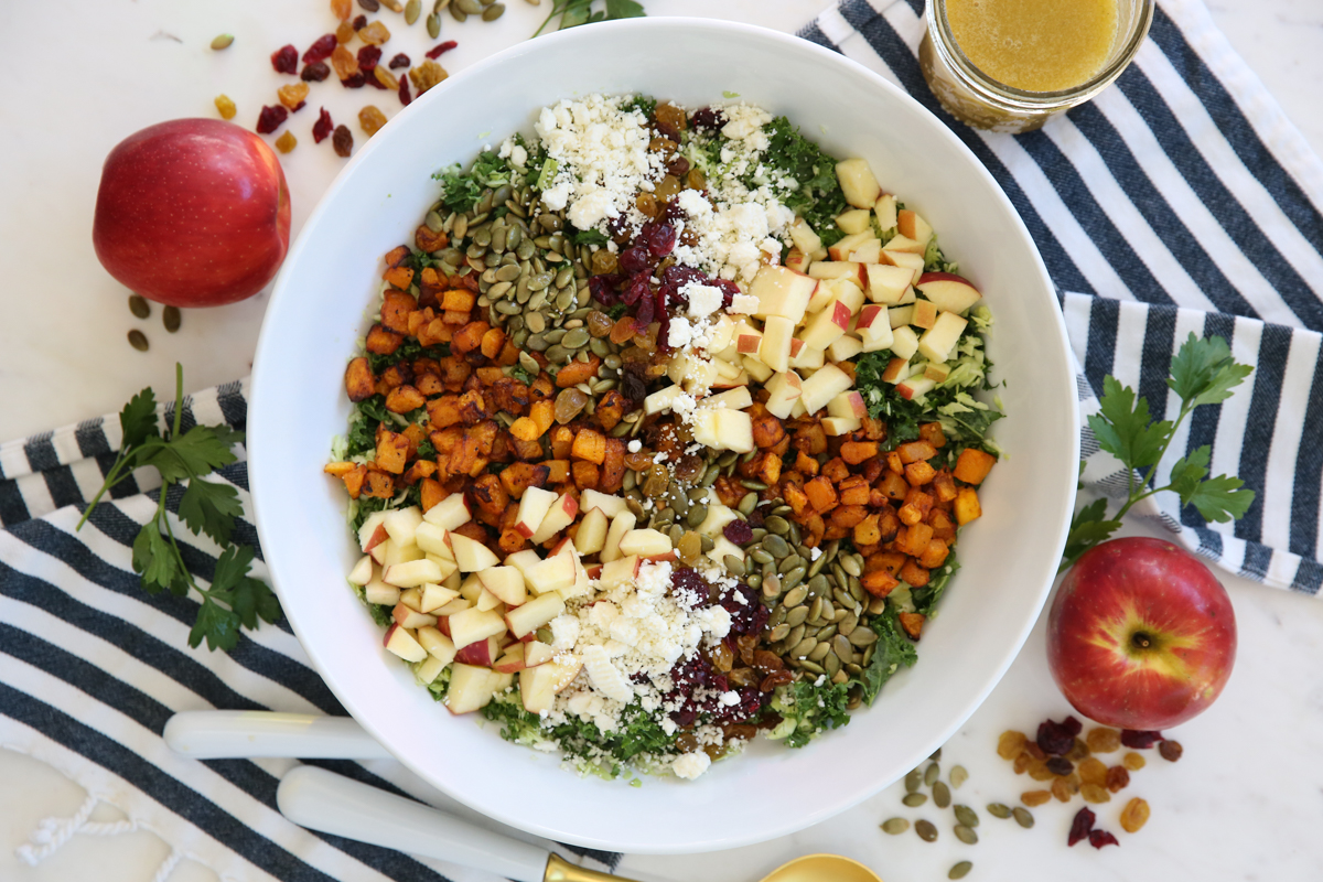 kale chop salad ingredients in a bowl