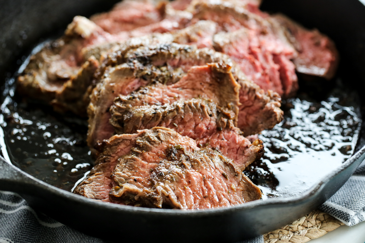 Sliced Tri Tip Steak in a cast iron pan