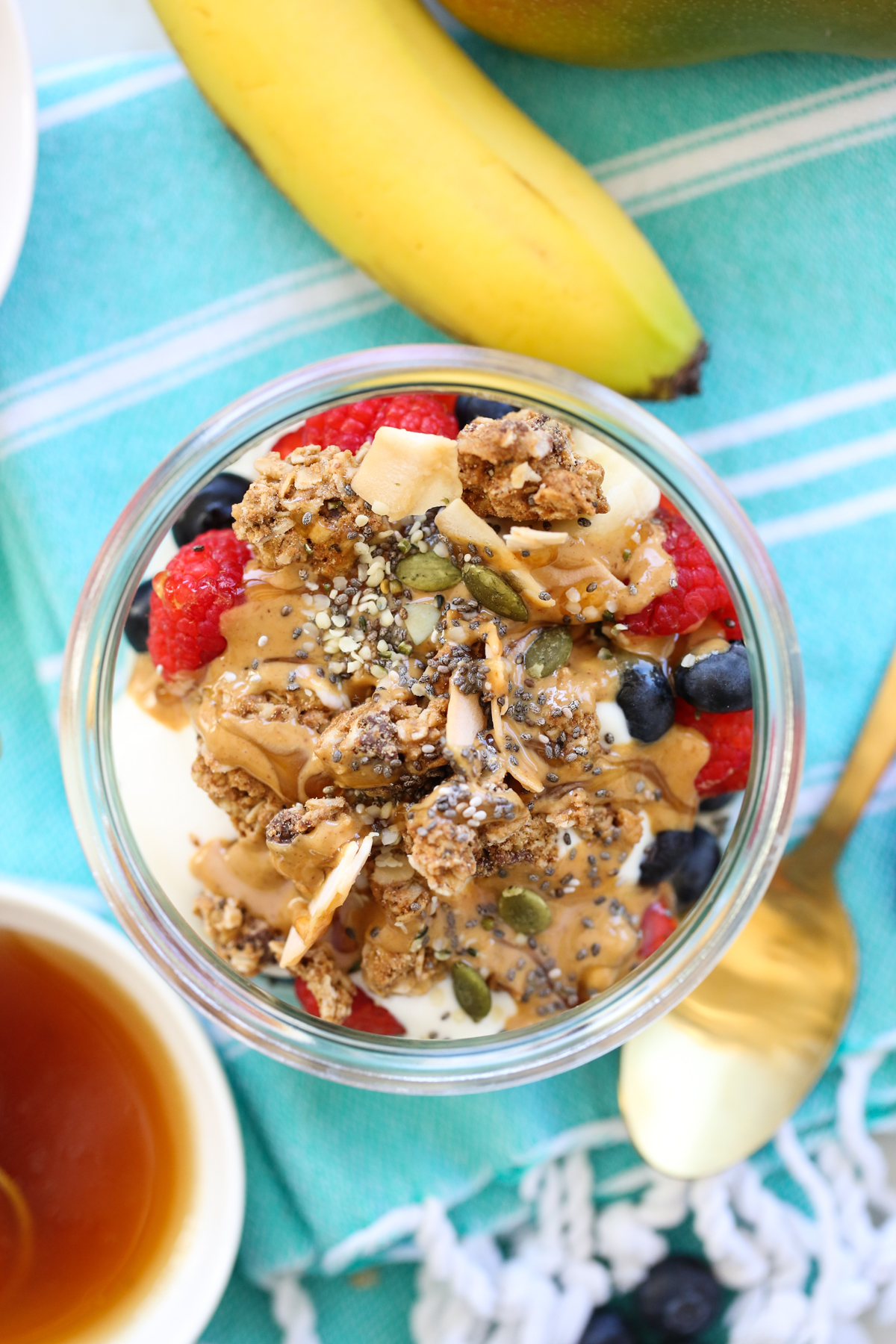 birdseye view of a yogurt parfait jar