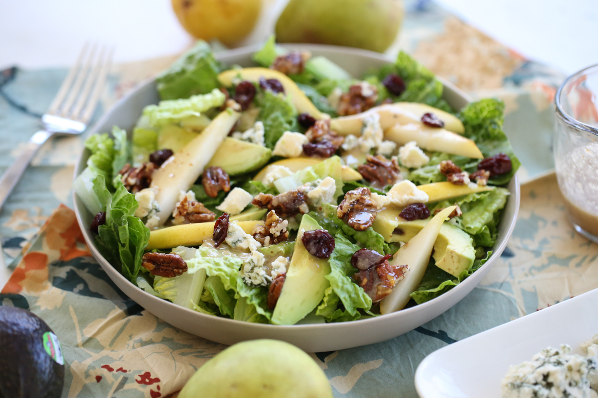 Pear and Blue Cheese Salad with dressing on top