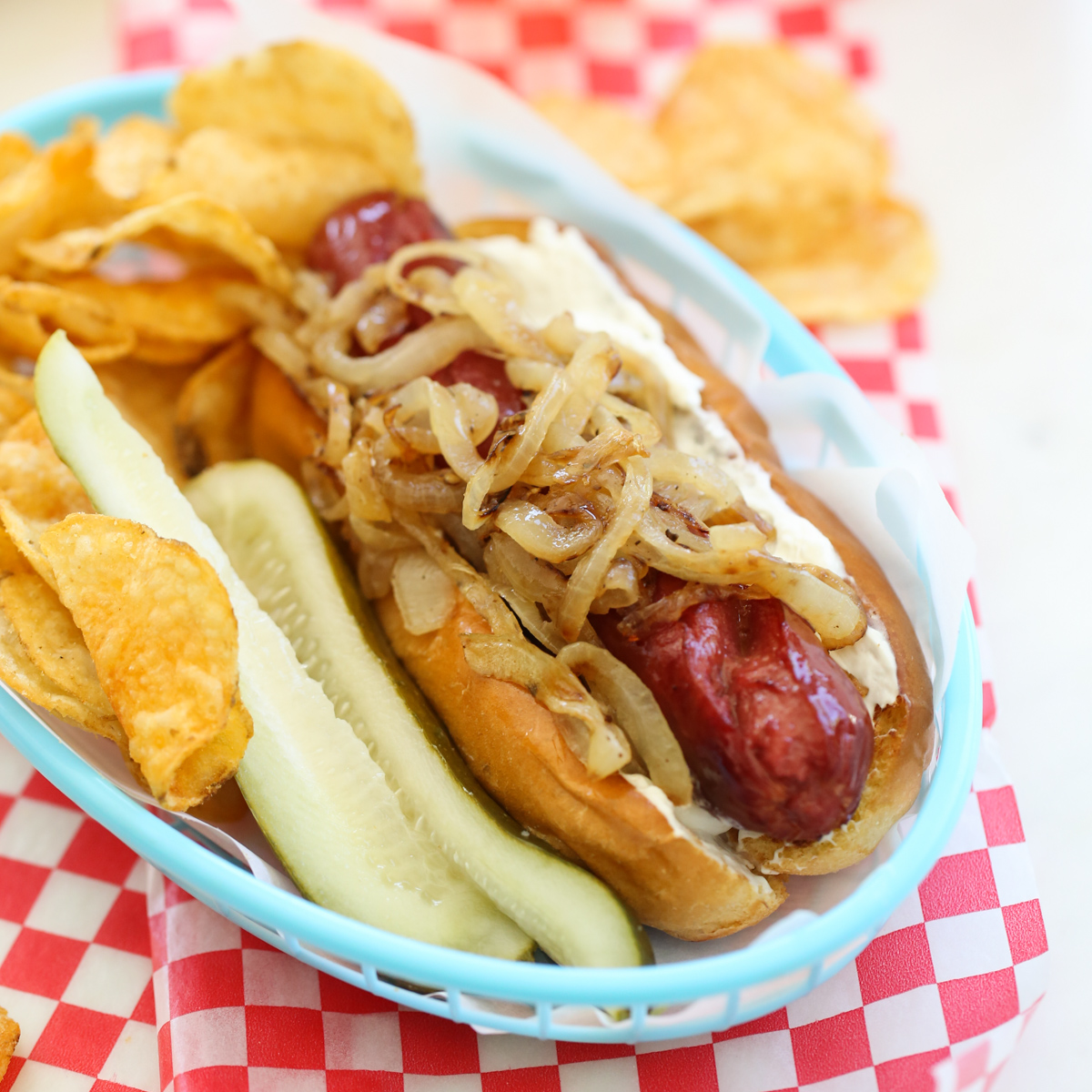 Seattle style hot dog in a basket