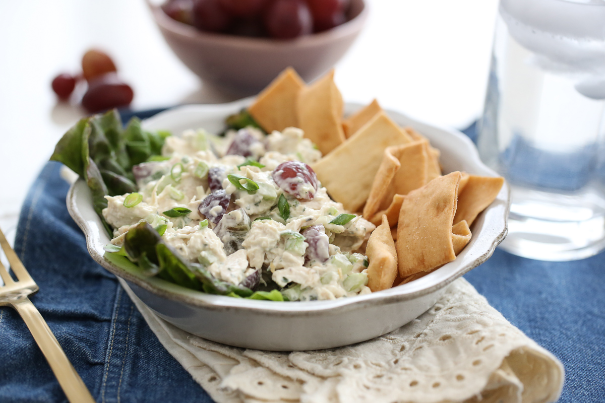 Our Best Bites Classic Chicken Salad in a bowl with lettuce and crackers