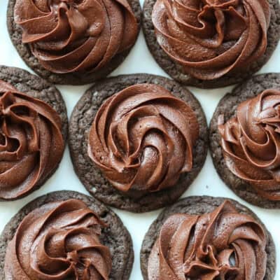 Chocolate cookie topped with frosting