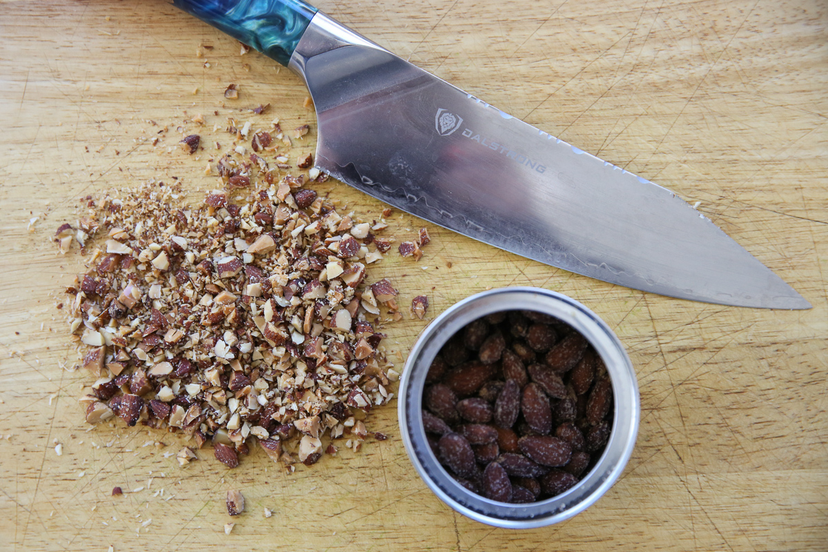 chopped almonds on a cutting board