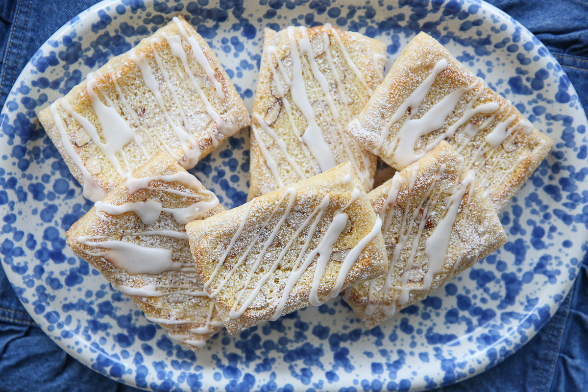 baked puff pastries on a blue and white speckled platter