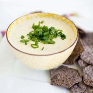 A bowl of queso verde with blue corn chips.