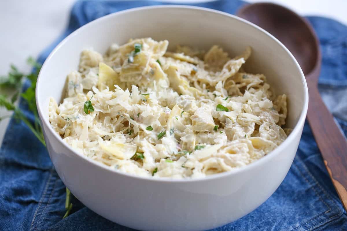 pasta salad in a white serving bowl