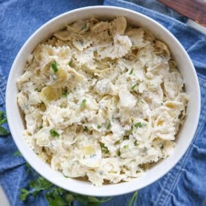 pasta salad in a white serving bowl