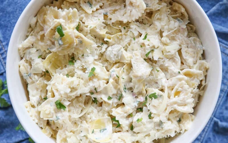 pasta salad in a white serving bowl
