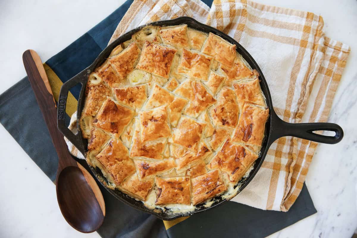 finished pot pie in a skillet