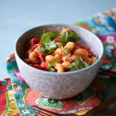 A bowl full of spiral pasta in a chunky tomato sauce, garnished with basil leaves.